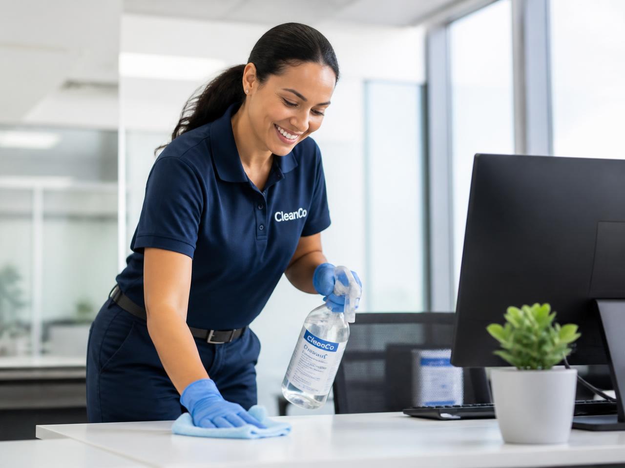 Schoonmaker van Hoeder Facility Services aan het werk in een modern kantoor